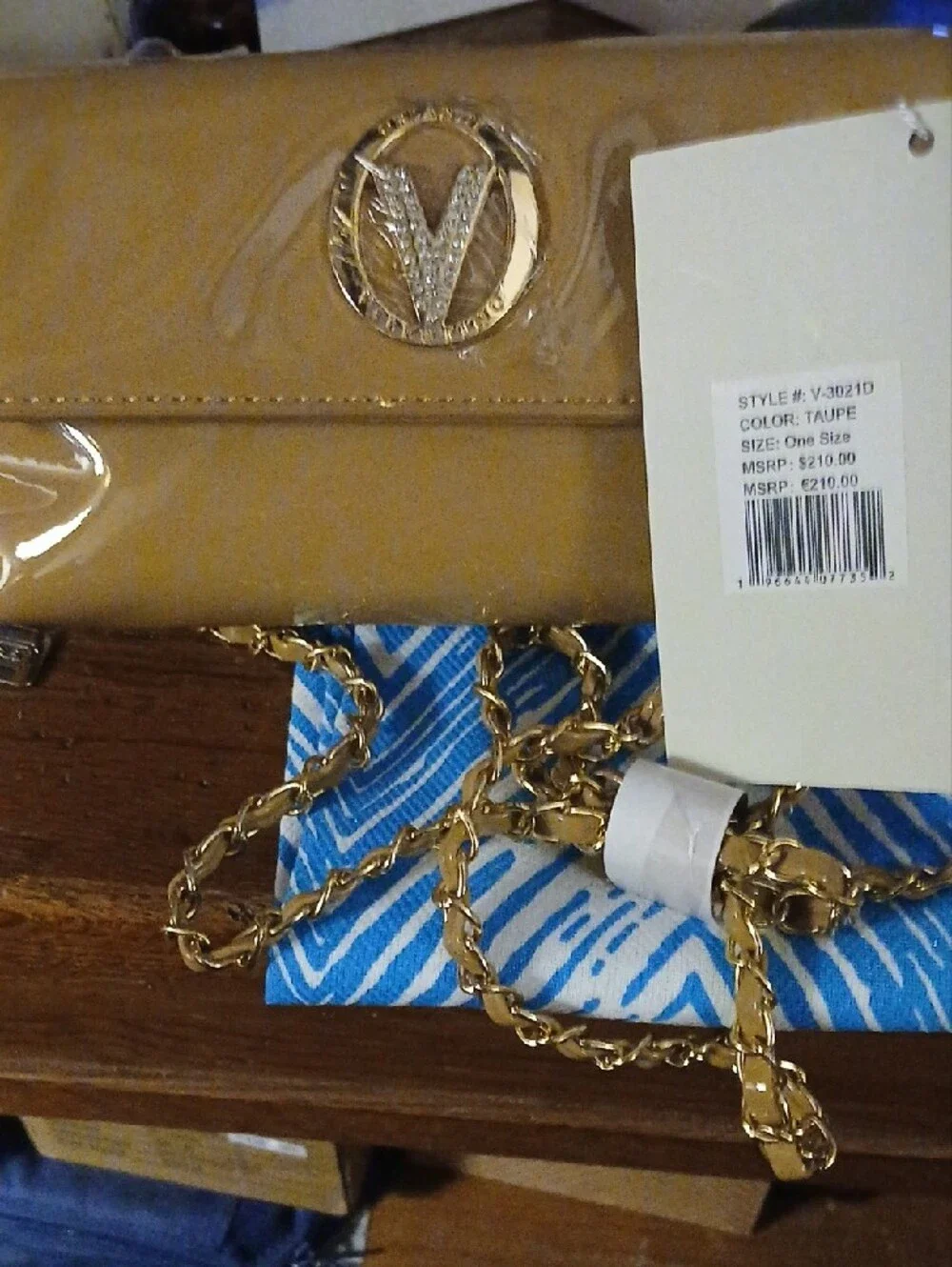 Valentino Orlandi Tan Patent Crossbody Bag with Gold Chain